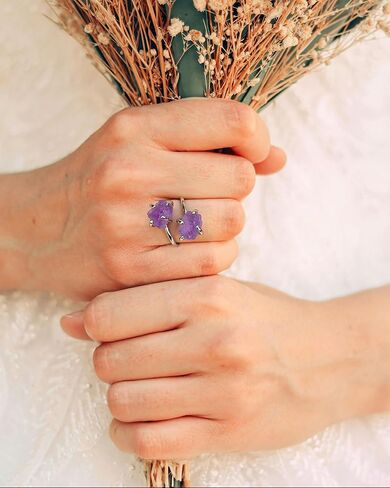 Amethyst Ring, Natural Irregular Raw Crystal Ring for Women, Handmade Adjustable Double Stone Purple Ring Spiritual Jewelry in Saudi Arabia