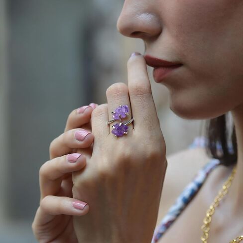 Amethyst Ring, Natural Irregular Raw Crystal Ring for Women, Handmade Adjustable Double Stone Purple Ring Spiritual Jewelry in Saudi Arabia