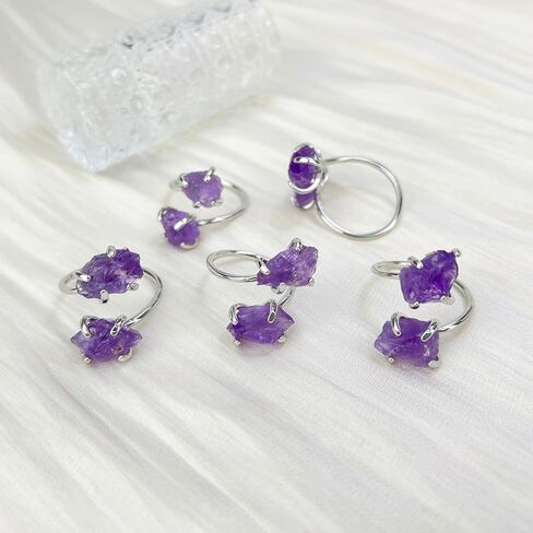 Amethyst Ring, Natural Irregular Raw Crystal Ring for Women, Handmade Adjustable Double Stone Purple Ring Spiritual Jewelry in Saudi Arabia
