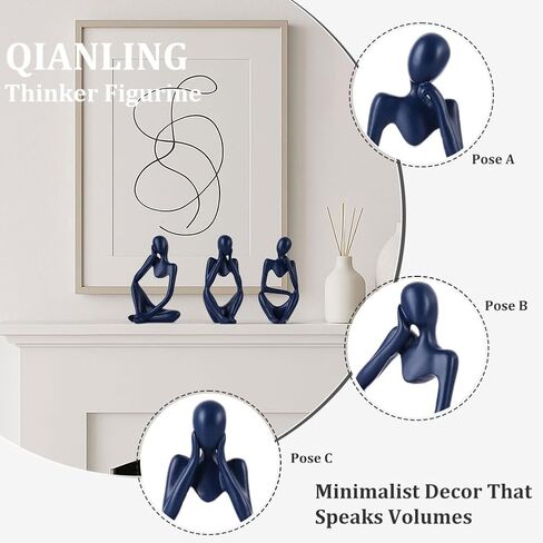 Navy Blue Thinker Statue Decor for TV Stand, Shelf, Desk, or Coffee Table - Set of 3 Resin Figurines for Living Room Decorative Objects, Modern Sculpture, Minimalist Bookcase Decor, Home Accents in Saudi Arabia