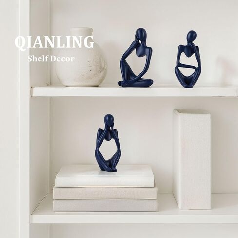 Navy Blue Thinker Statue Decor for TV Stand, Shelf, Desk, or Coffee Table - Set of 3 Resin Figurines for Living Room Decorative Objects, Modern Sculpture, Minimalist Bookcase Decor, Home Accents in Saudi Arabia
