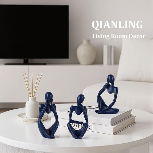 Navy Blue Thinker Statue Decor for TV Stand, Shelf, Desk, or Coffee Table - Set of 3 Resin Figurines for Living Room Decorative Objects, Modern Sculpture, Minimalist Bookcase Decor, Home Accents in Saudi Arabia