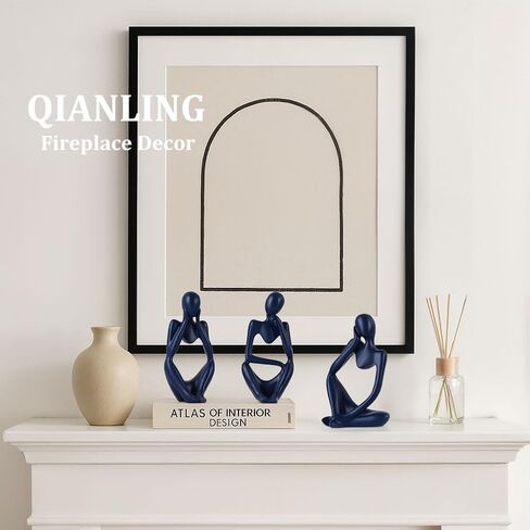 Navy Blue Thinker Statue Decor for TV Stand, Shelf, Desk, or Coffee Table - Set of 3 Resin Figurines for Living Room Decorative Objects, Modern Sculpture, Minimalist Bookcase Decor, Home Accents in Saudi Arabia