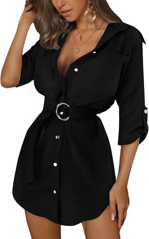 Women's Collar V Neck Belted High Low Roll Half Sleeve Pocket Front Office Mini Dress in Saudi Arabia