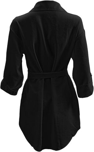 Women's Collar V Neck Belted High Low Roll Half Sleeve Pocket Front Office Mini Dress in Saudi Arabia