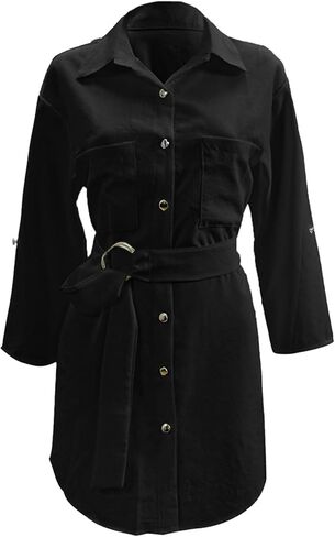Women's Collar V Neck Belted High Low Roll Half Sleeve Pocket Front Office Mini Dress in Saudi Arabia