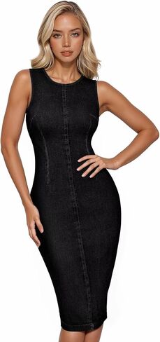 Hybrid & Company Womens Super Stretch Slim Fit Crew Neck Sleeveless Denim Dress in Saudi Arabia