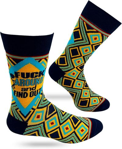 "F-ck Around and Find Out" Men's Novelty Crew Socks – Bold Golden Yellow with Geometric Pattern – Fits Men's Shoe Size 7–12 in Saudi Arabia