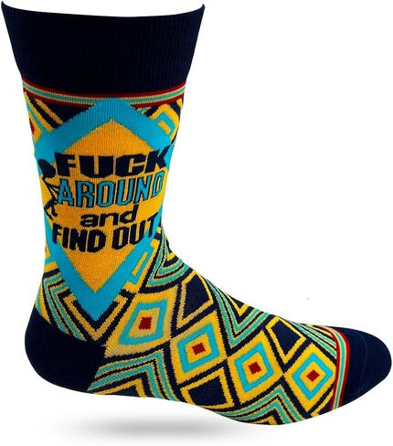 "F-ck Around and Find Out" Men's Novelty Crew Socks – Bold Golden Yellow with Geometric Pattern – Fits Men's Shoe Size 7–12 in Saudi Arabia