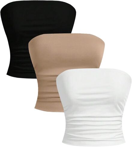 SOLY HUX Women's 3 Piece Ruched Tube Tops Summer Strapless Slim Fit Party Club Crop Tops in Saudi Arabia