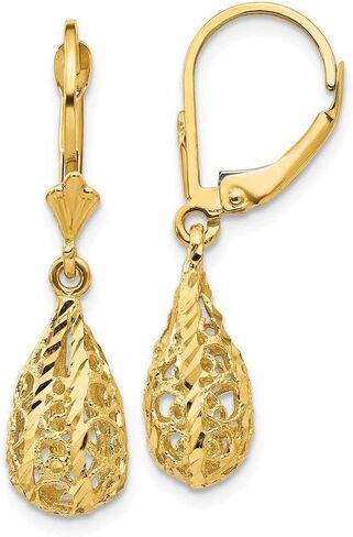 14K الذهب الأصفر تخريمية إسقاط أقراط الماس قطع استرخى Leverback للنساء هدية 30 مللي متر مناسبة إيطالية طويلة in Saudi Arabia