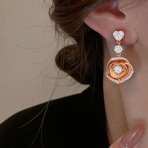 18K Gold Plated Over Sterling Silver Rose Flower Earring For Woman -Birthstone Dangle Earring Jewelry Birthday Gifts for Women,Girlfriend,Wife,Mom in Saudi Arabia