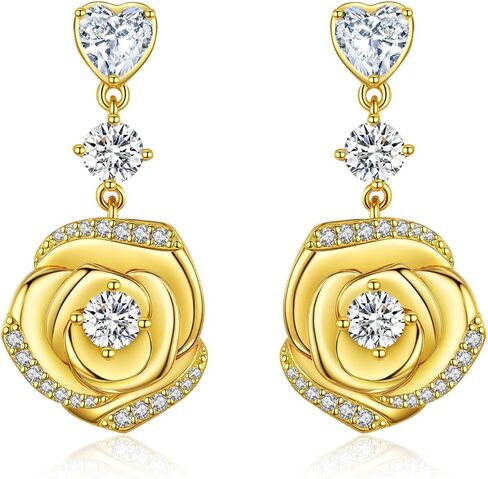 18K Gold Plated Over Sterling Silver Rose Flower Earring For Woman -Birthstone Dangle Earring Jewelry Birthday Gifts for Women,Girlfriend,Wife,Mom in Saudi Arabia