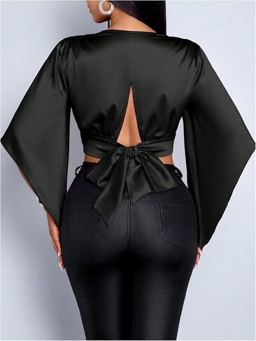 Floerns Women's Elegant Satin V Neck Bell Sleeve Crop Top Cut Out Tie Ruffle Trim Back 3/4 Sleeve Blouse in Saudi Arabia