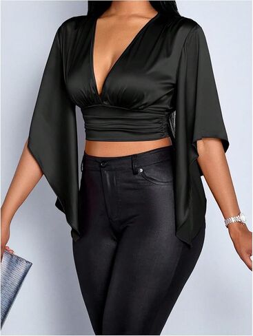 Floerns Women's Elegant Satin V Neck Bell Sleeve Crop Top Cut Out Tie Ruffle Trim Back 3/4 Sleeve Blouse in Saudi Arabia
