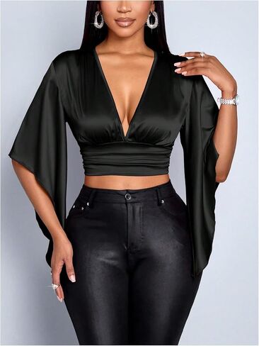 Floerns Women's Elegant Satin V Neck Bell Sleeve Crop Top Cut Out Tie Ruffle Trim Back 3/4 Sleeve Blouse in Saudi Arabia