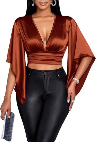 Floerns Women's Elegant Satin V Neck Bell Sleeve Crop Top Cut Out Tie Ruffle Trim Back 3/4 Sleeve Blouse in Saudi Arabia