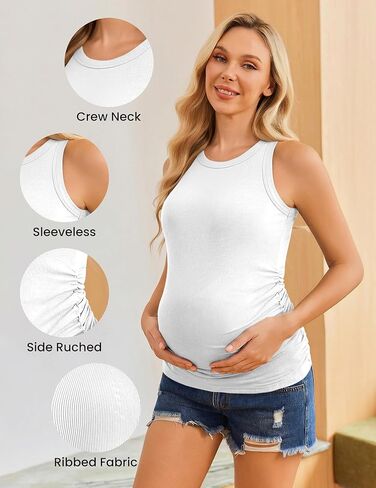 Ekouaer Maternity Tank Tops 3 Pack Womens Ribbed Pregnancy Shirts Crew Neck Ruched Side Mama Clothes S-XXL in Saudi Arabia