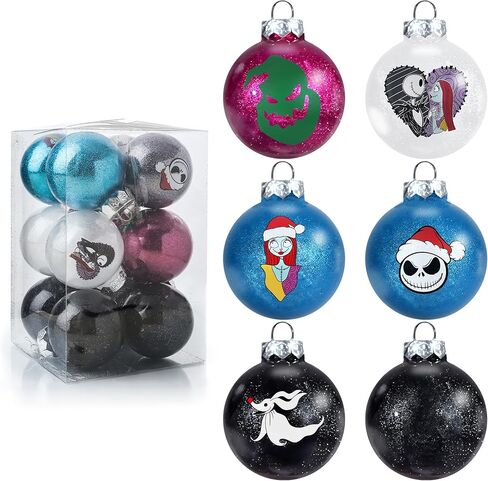 24Pcs Nightmare Christmas Ball Ornaments Set, Skull Pattern Jack Sally Xmas Tree Decorations, Plastic Shatterproof Halloween Holiday Hanging Balls Decor (2.36"/60mm) in Saudi Arabia