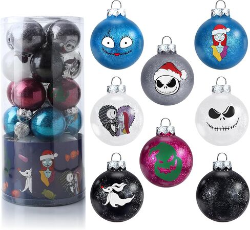 24Pcs Nightmare Christmas Ball Ornaments Set, Skull Pattern Jack Sally Xmas Tree Decorations, Plastic Shatterproof Halloween Holiday Hanging Balls Decor (2.36"/60mm) in Saudi Arabia