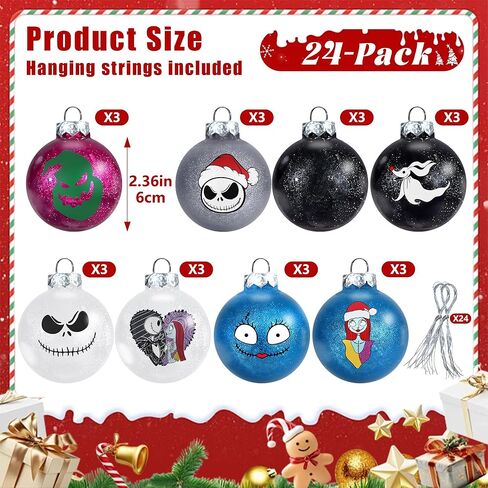24Pcs Nightmare Christmas Ball Ornaments Set, Skull Pattern Jack Sally Xmas Tree Decorations, Plastic Shatterproof Halloween Holiday Hanging Balls Decor (2.36"/60mm) in Saudi Arabia