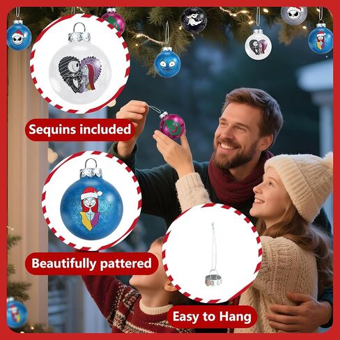 24Pcs Nightmare Christmas Ball Ornaments Set, Skull Pattern Jack Sally Xmas Tree Decorations, Plastic Shatterproof Halloween Holiday Hanging Balls Decor (2.36"/60mm) in Saudi Arabia