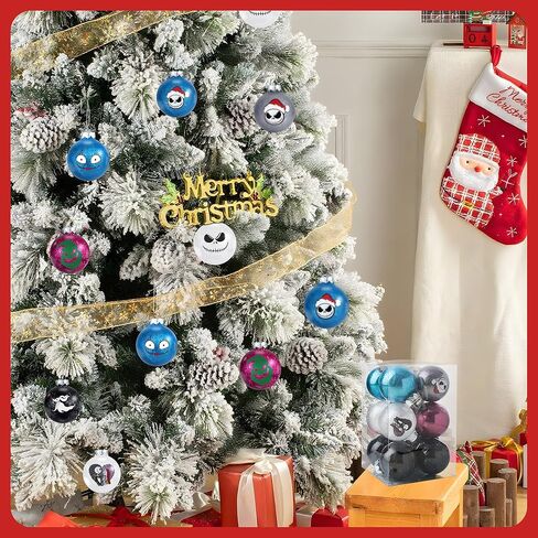 24Pcs Nightmare Christmas Ball Ornaments Set, Skull Pattern Jack Sally Xmas Tree Decorations, Plastic Shatterproof Halloween Holiday Hanging Balls Decor (2.36"/60mm) in Saudi Arabia