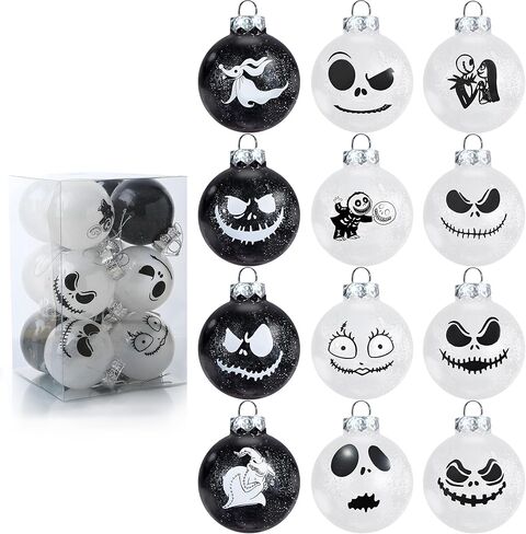 24Pcs Nightmare Christmas Ball Ornaments Set, Skull Pattern Jack Sally Xmas Tree Decorations, Plastic Shatterproof Halloween Holiday Hanging Balls Decor (2.36"/60mm) in Saudi Arabia
