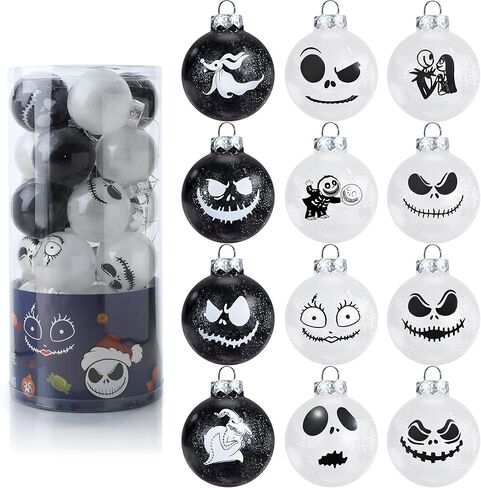 24Pcs Nightmare Christmas Ball Ornaments Set, Skull Pattern Jack Sally Xmas Tree Decorations, Plastic Shatterproof Halloween Holiday Hanging Balls Decor (2.36"/60mm) in Saudi Arabia