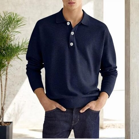 Mens Casual Long Sleeve Polo Shirts Button Golf Shirts Collared Work Pullover Shirts in Saudi Arabia