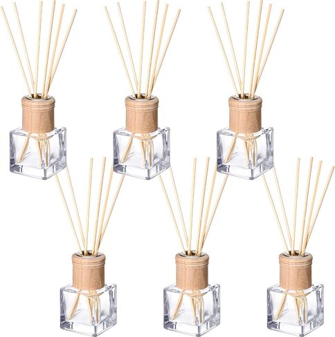 Roshtia 4 مجموعة زجاجة زجاجة زجاجة زجاجة قابلة لإعادة التعبئة الفارغة قابلة لإعادة التعبئة الزجاجية الناشر مع أغطية خشبية راتان عصي 50 مل 1.7 أوقية زجاجات زجاجية للعطور DIY in Kuwait