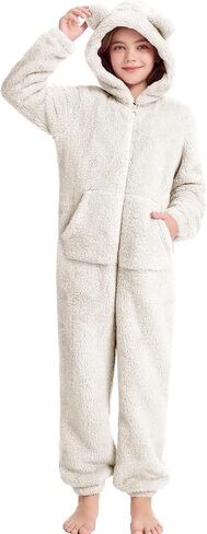 COZYPOIN Unisex Kids Fleece Jumpsuits Girls Fuzzy Hooded Rompers Zip Up One Piece Costume Warm Cute Clothes for 5-14 Y in Kuwait