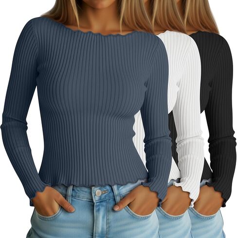 Neer 3 Pack Women's Crop Tops Long Sleeve Cotton Boat Neck Shirts Lettuce Trim Ribbed Slim Fit Casual Basic Tees in Saudi Arabia