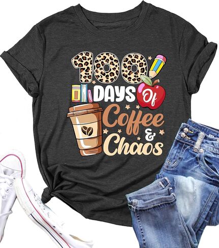 100 Days of Coffee Chaos Shirts for Women Happy 100 Days of School T-Shirt Teach Print Graphic Shirt Teacher Gifts Tops in Saudi Arabia