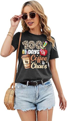 100 Days of Coffee Chaos Shirts for Women Happy 100 Days of School T-Shirt Teach Print Graphic Shirt Teacher Gifts Tops in Saudi Arabia