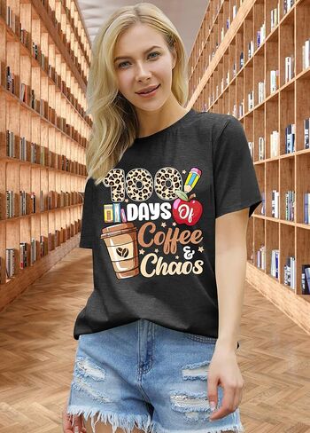 100 Days of Coffee Chaos Shirts for Women Happy 100 Days of School T-Shirt Teach Print Graphic Shirt Teacher Gifts Tops in Saudi Arabia