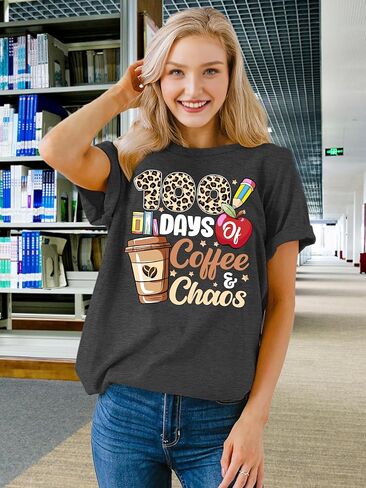 100 Days of Coffee Chaos Shirts for Women Happy 100 Days of School T-Shirt Teach Print Graphic Shirt Teacher Gifts Tops in Saudi Arabia