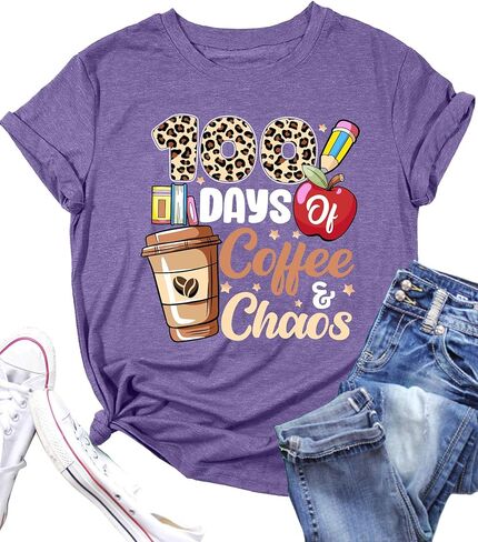 100 Days of Coffee Chaos Shirts for Women Happy 100 Days of School T-Shirt Teach Print Graphic Shirt Teacher Gifts Tops in Saudi Arabia