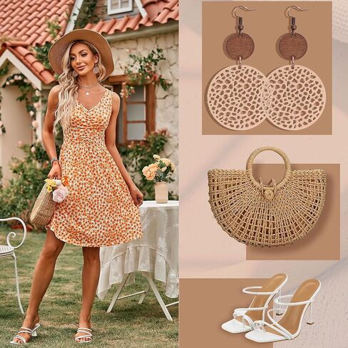مجموعة أقراط متدلية عتيقة من Thunaraz Boho للنساء على شكل دمعة هندسية دائرية أقراط خشبية عرقية بوهيمية نجمة عباد الشمس أقراط عيد الميلاد مجوهرات للنساء، فضي in Kuwait