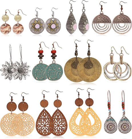 مجموعة أقراط متدلية عتيقة من Thunaraz Boho للنساء على شكل دمعة هندسية دائرية أقراط خشبية عرقية بوهيمية نجمة عباد الشمس أقراط عيد الميلاد مجوهرات للنساء، فضي in Kuwait
