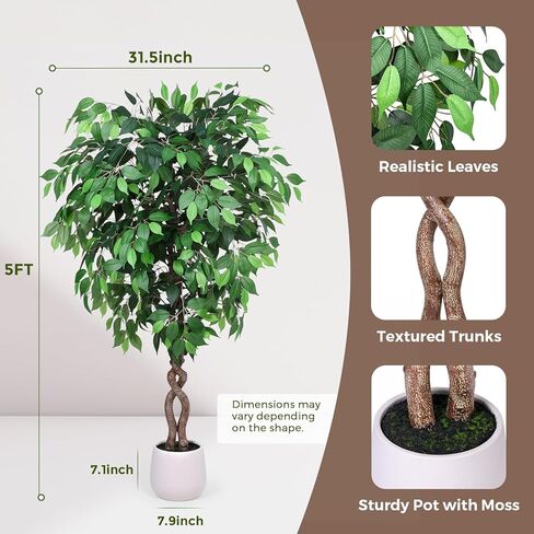5FT Artificial Ficus Tree, Tall Faux Trees Indoor with White Planter, Dried Moss, Natural Silk Leaves & Trunk, Fake Plants for Home Living Room Office Corner Decor Housewarming Gift in Saudi Arabia