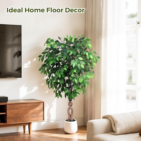 5FT Artificial Ficus Tree, Tall Faux Trees Indoor with White Planter, Dried Moss, Natural Silk Leaves & Trunk, Fake Plants for Home Living Room Office Corner Decor Housewarming Gift in Saudi Arabia