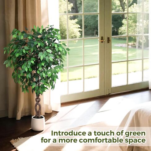 5FT Artificial Ficus Tree, Tall Faux Trees Indoor with White Planter, Dried Moss, Natural Silk Leaves & Trunk, Fake Plants for Home Living Room Office Corner Decor Housewarming Gift in Saudi Arabia