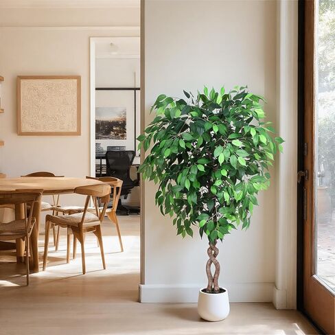 5FT Artificial Ficus Tree, Tall Faux Trees Indoor with White Planter, Dried Moss, Natural Silk Leaves & Trunk, Fake Plants for Home Living Room Office Corner Decor Housewarming Gift in Saudi Arabia