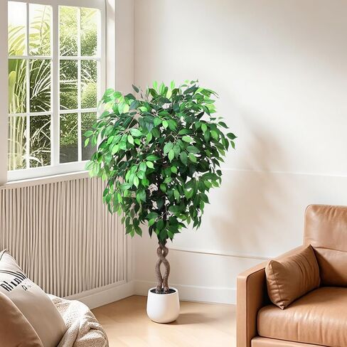 5FT Artificial Ficus Tree, Tall Faux Trees Indoor with White Planter, Dried Moss, Natural Silk Leaves & Trunk, Fake Plants for Home Living Room Office Corner Decor Housewarming Gift in Saudi Arabia