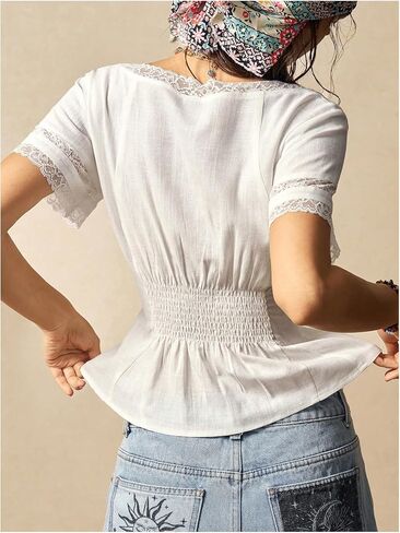MakeMeChic Women's Lace Sweetheart Blouse Linen Button Front Short Sleeve Shirred Shirt Tops in Saudi Arabia