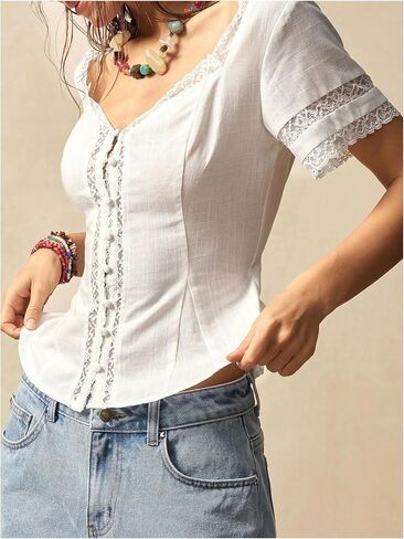 MakeMeChic Women's Lace Sweetheart Blouse Linen Button Front Short Sleeve Shirred Shirt Tops in Saudi Arabia