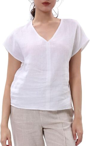 Amazhiyu Women's 100% Linen Tops Summer Short Sleeve V Neck Casual Blouse White, Large in Saudi Arabia