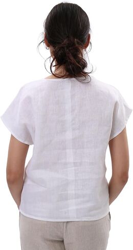 Amazhiyu Women's 100% Linen Tops Summer Short Sleeve V Neck Casual Blouse White, Large in Saudi Arabia