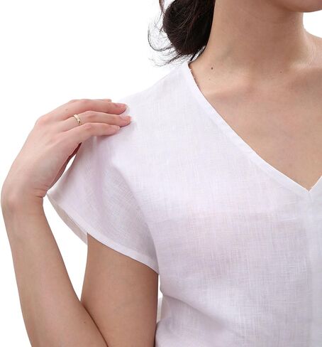 Amazhiyu Women's 100% Linen Tops Summer Short Sleeve V Neck Casual Blouse White, Large in Saudi Arabia